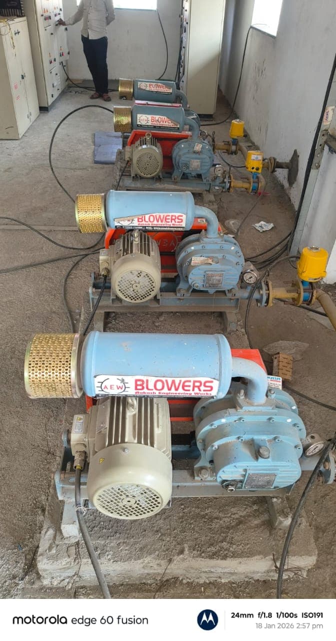 Triple AEW root blower installation at STP plant with electrical control panels in Andhra Pradesh