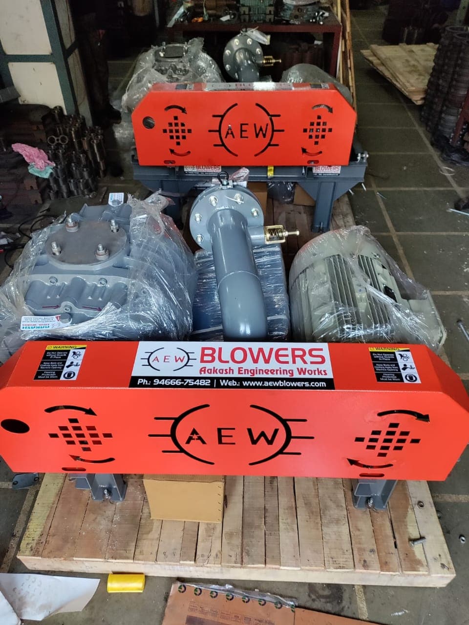 AEW root blower assembled at workshop with rotor sets and motors ready for dispatch