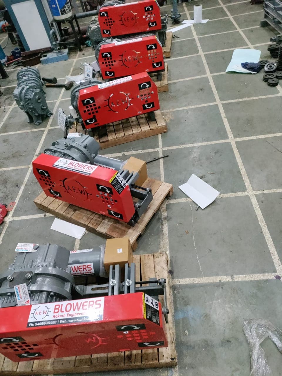 AEW root blowers on wooden pallets ready for dispatch from workshop