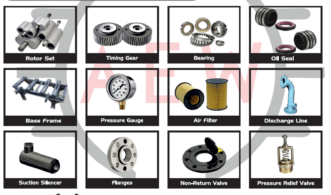 Genuine AEW Spare Parts — Rotor Set, Timing Gear, Bearing, Oil Seal, Base Frame, Pressure Gauge, Air Filter, Discharge Line, Suction Silencer, Flanges, Non-Return Valve, Pressure Relief Valve